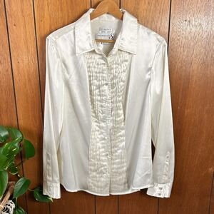 Vintage Jones Wear Studio White Pleated Tuxedo Shirt Women Cottagecore Feminine